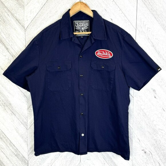 Von Dutch Mechanic Shirt Mens Size XL Short Sleeve Button Up Navy Blue - Picture 1 of 7